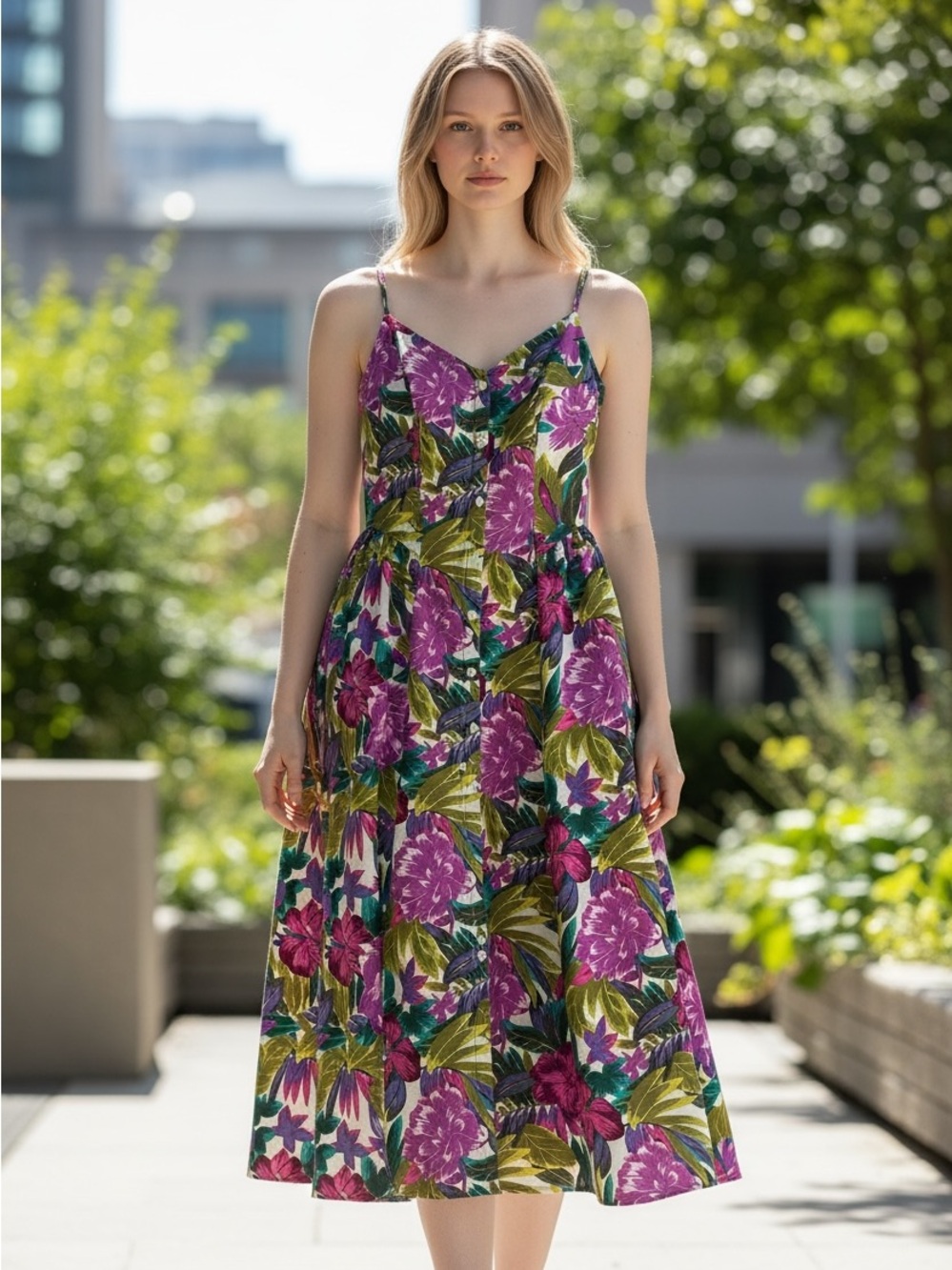 GAP Purple Floral Midi Dress with Green Leaf Print